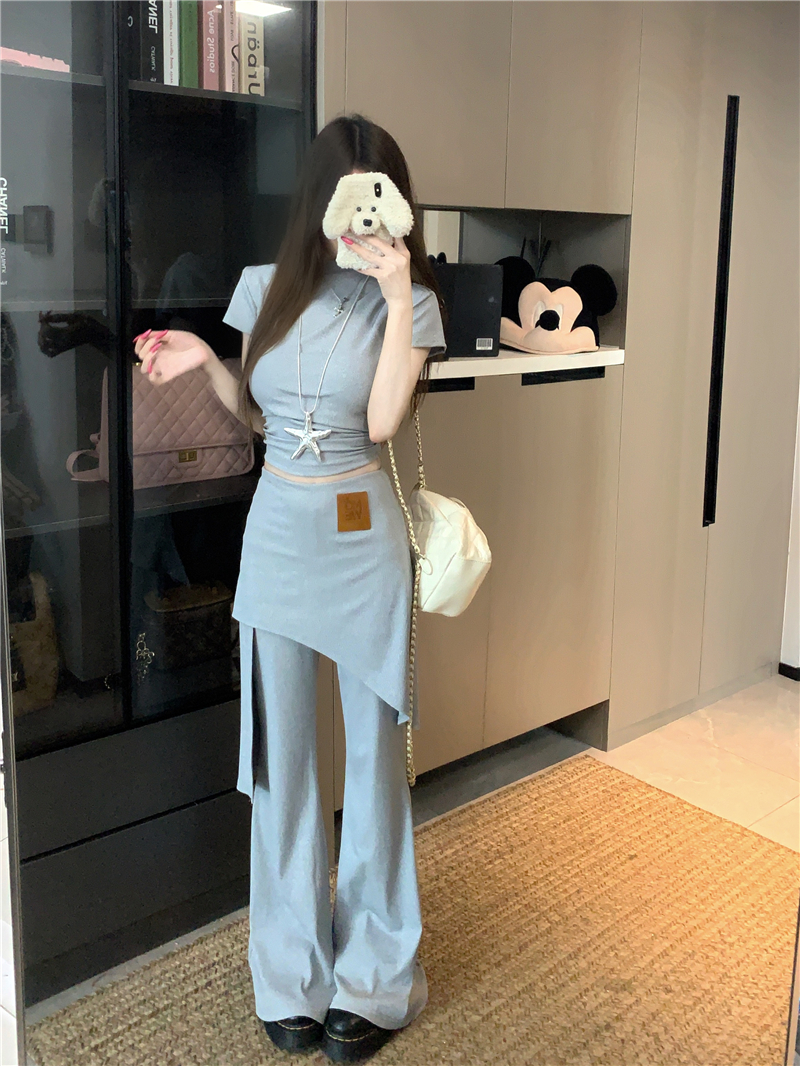 실사 정가 핫걸 오프숄더 세트 여름 불규칙 비스듬한 어깨 티셔츠 페이크 레이어드 부츠컷 치마바지 투피스 세트