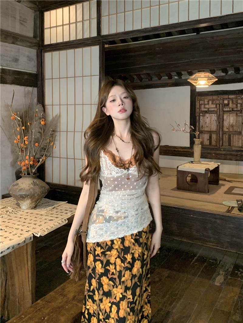 실사 정가 한여름 전갈 여름 레이스 도트 무늬 패치워크 페이크 레이어드 꽃무늬 프린트 치마 드레스