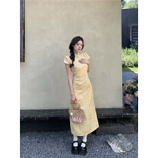 批发实拍实价！国风新中式黄蓝竹叶底纹梅花连衣裙优雅气质复古旗袍裙