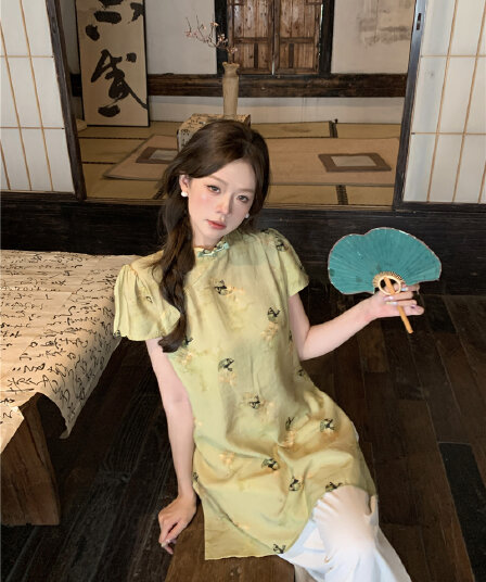 실사 정가 새로운 중식 국풍 스탠드 칼라 프린트 세트 가을 레트로 단추 품격 와이드 레그 팬츠 투피스 세트