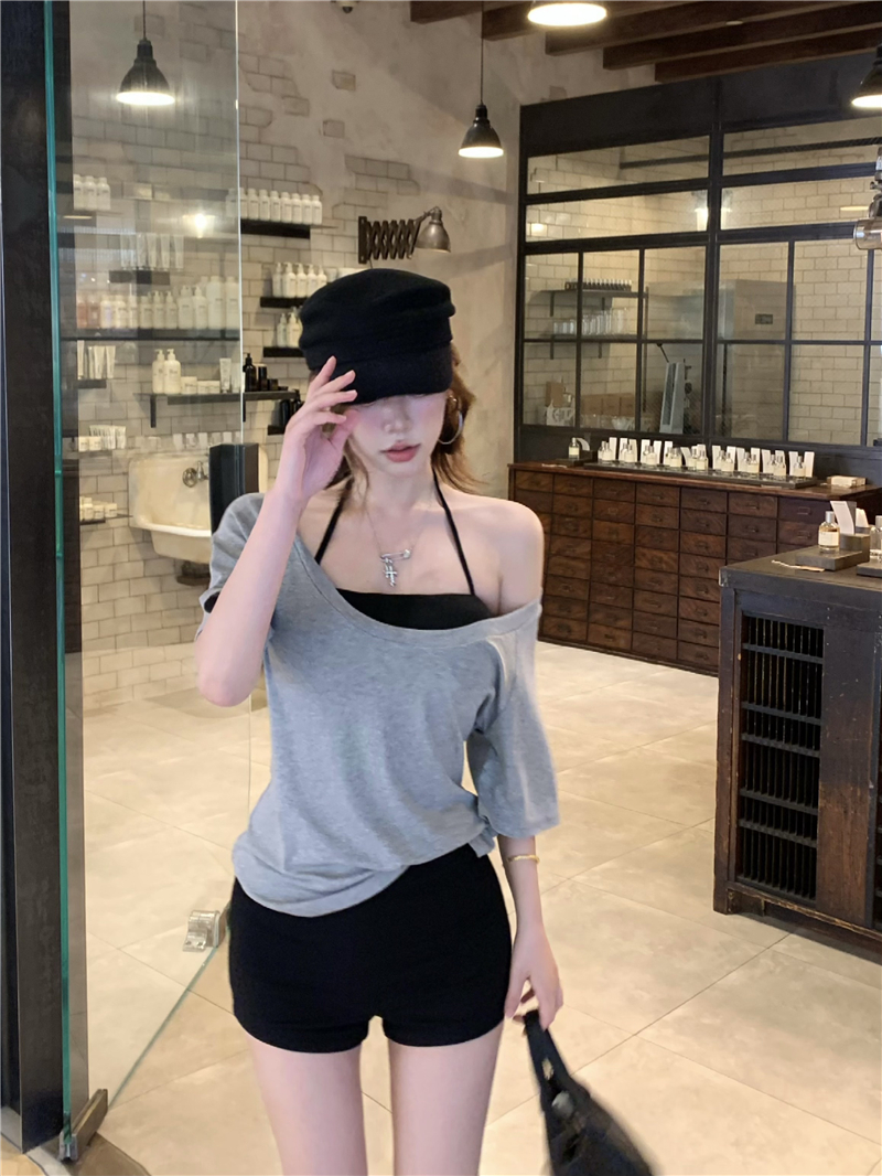 실사 정가 한 부서 순수한 욕망 행침 목 슬립 스택 착용 루즈핏 티셔츠 캐주얼 26 여름 새로운 패션 세트
