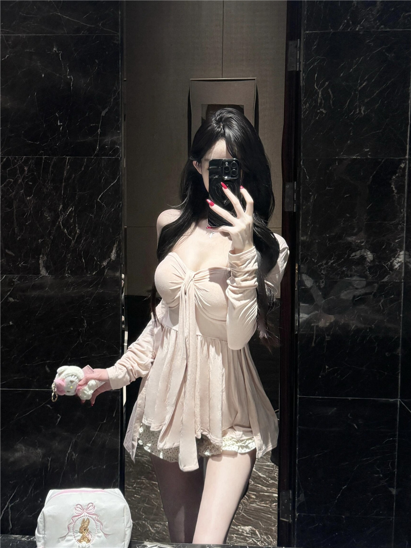 느긋한 자매 모달 핑크색 오픈 가디건 외부 가져 가라. 여름 튜브탑 한 부서 분위기 센스 순수한 욕망 세트