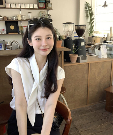y.jia 이순신 지아 한 부서 미니멀리즘 캐주얼 슬림해 보이는 루즈핏 리본 칼라 셔츠 작은 셔츠