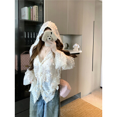 批发实拍实价！法式蕾丝开衫连帽外套防晒宽松上衣+蕾丝带胸垫背心