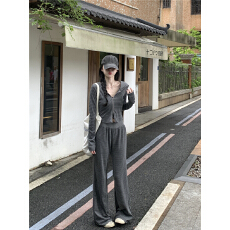 批发慵懒条纹修身正肩显瘦连帽卫衣+直筒<b class='q'>裤</b>套装秋季 两件套