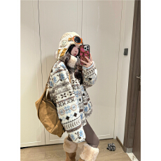 批发费尔岛毛领外套2025新款复古港风保暖加厚毛茸绒夹克女冬