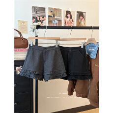 批发韩版设计感毛呢木耳花边<b class='q'>短裤</b>秋冬甜美靴裤高腰百搭神裤