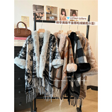 批发实拍实价！高级千金感水墨画仿水貂毛领披肩外套秋冬流苏斗篷围巾