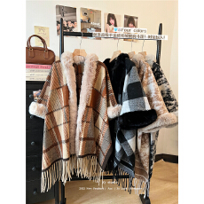 批发实拍实价！高级千金感水墨画仿水貂毛领披肩外套秋冬流苏斗篷围巾