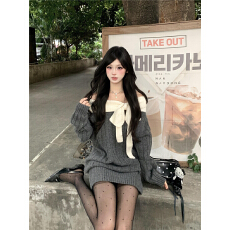 批发<b class='q'>秋</b>冬灰色一字肩长袖针织连衣裙小个子收腰修身包臀裙子毛衣