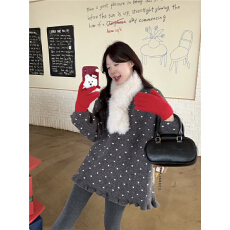 批发甜美风波点木耳边毛衣<b class='q'>连衣</b>裙+加厚打底<b class='q'>裤</b>袜+围脖+手套