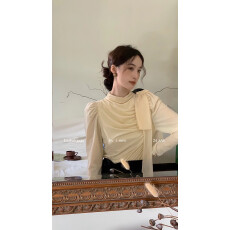 批发法式气质半高领<b class='q'>T</b><b class='q'>恤</b>修身显瘦纯色褶皱设计长袖打底衫秋冬丝绒上衣