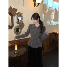 实拍实价！亮丝简约复古气质Polo领小香风收腰毛衣+丝绒a字半身裙