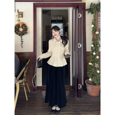 实拍实价！亮丝简约复古气质Polo领小香风收腰毛衣+丝绒a字半身裙