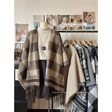 实拍实价！披肩女水墨画格子流苏旅游民族风保暖围巾披风斗篷外套