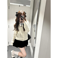 批发小香风蝴蝶结麻花针织开衫上衣女设计感白色甜美气质毛衣外套秋冬