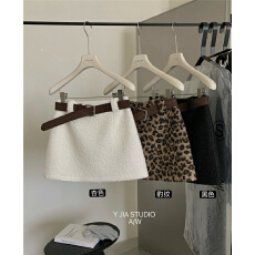 批发“圈圈呢”气质豹纹毛呢<b class='q'>百搭</b>显瘦A字半身短裙半身裙(配腰带)