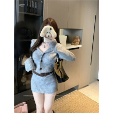 批发翻领针织连衣<b class='q'>裙</b>26早春高级感毛衣包臀<b class='q'>裙</b>子连衣<b class='q'>裙</b>配腰带