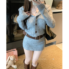 批发翻领针织连衣<b class='q'>裙</b>26早春高级感毛衣包臀<b class='q'>裙</b>子连衣<b class='q'>裙</b>配腰带