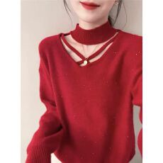 批发新年超好看红色半高领挖肩挂脖镂空宽松性感闪闪亮片毛针织衫