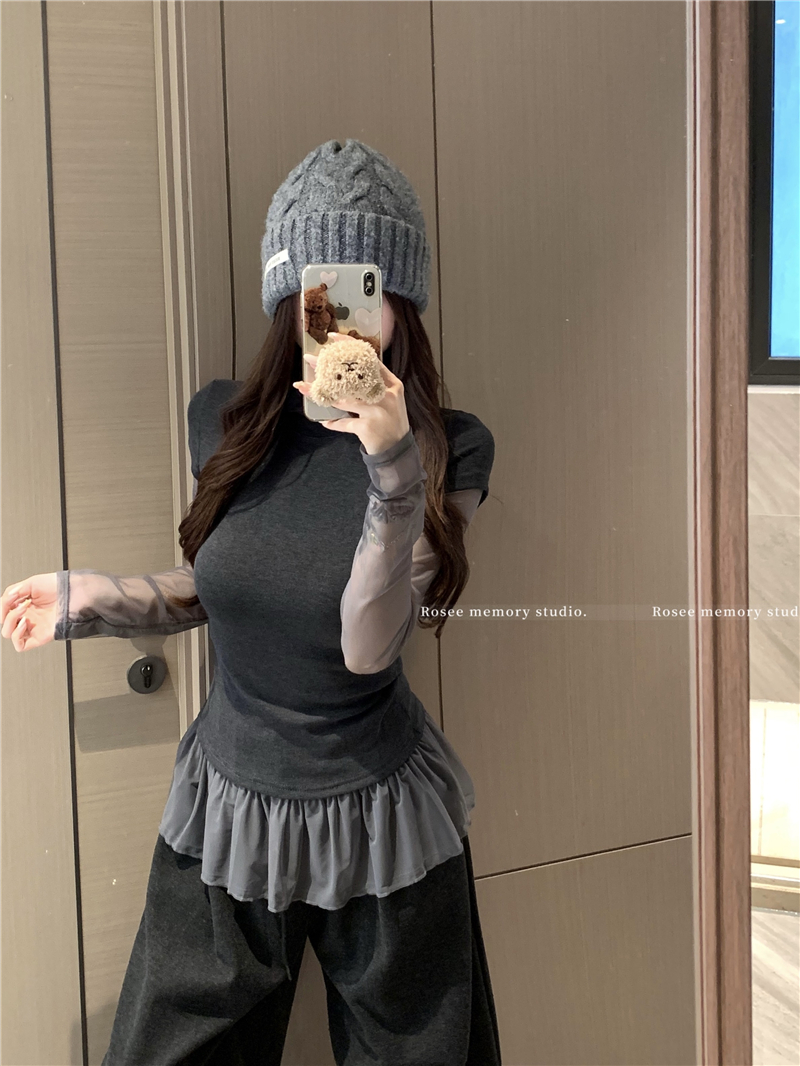 실사 정가 레드 맨 내부에 가져 가라. 기본 셔츠 여성 이른 봄 슈퍼 잘 생긴 긴팔 티셔츠 몸매 가꾸기 페이크 레이어드 맨위