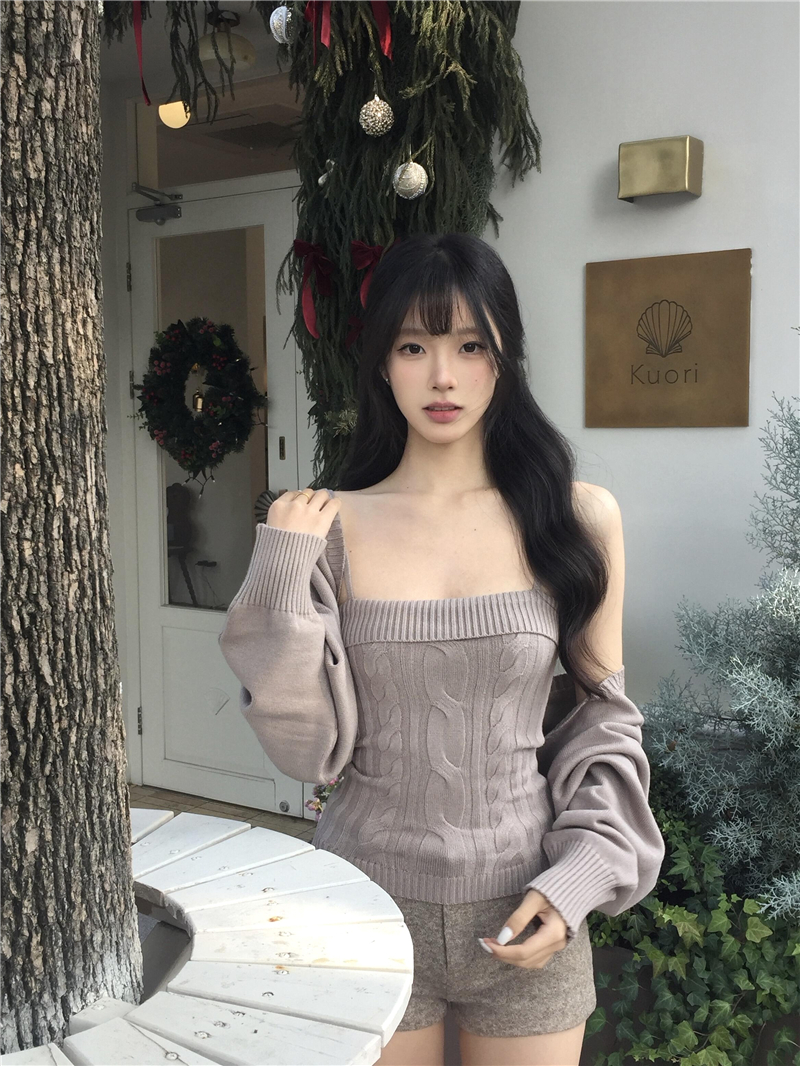 모카 뮤 S 벌룬 소매 트위스트 꽃 캐미솔 오픈 가디건 니트 투피스 세트