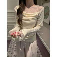 批发轻松美出圈~温柔假两件蕾丝拼接纯欲荡领收腰显瘦针织小衫