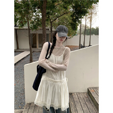 批发清新花边<b class='q'>丝绒</b>吊带裙连衣裙+百搭木耳边长袖T恤内搭神器