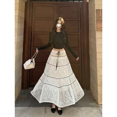 批发云间白月光法式浪漫蕾丝边压褶半身裙女高腰遮胯宽松垂感大摆长裙