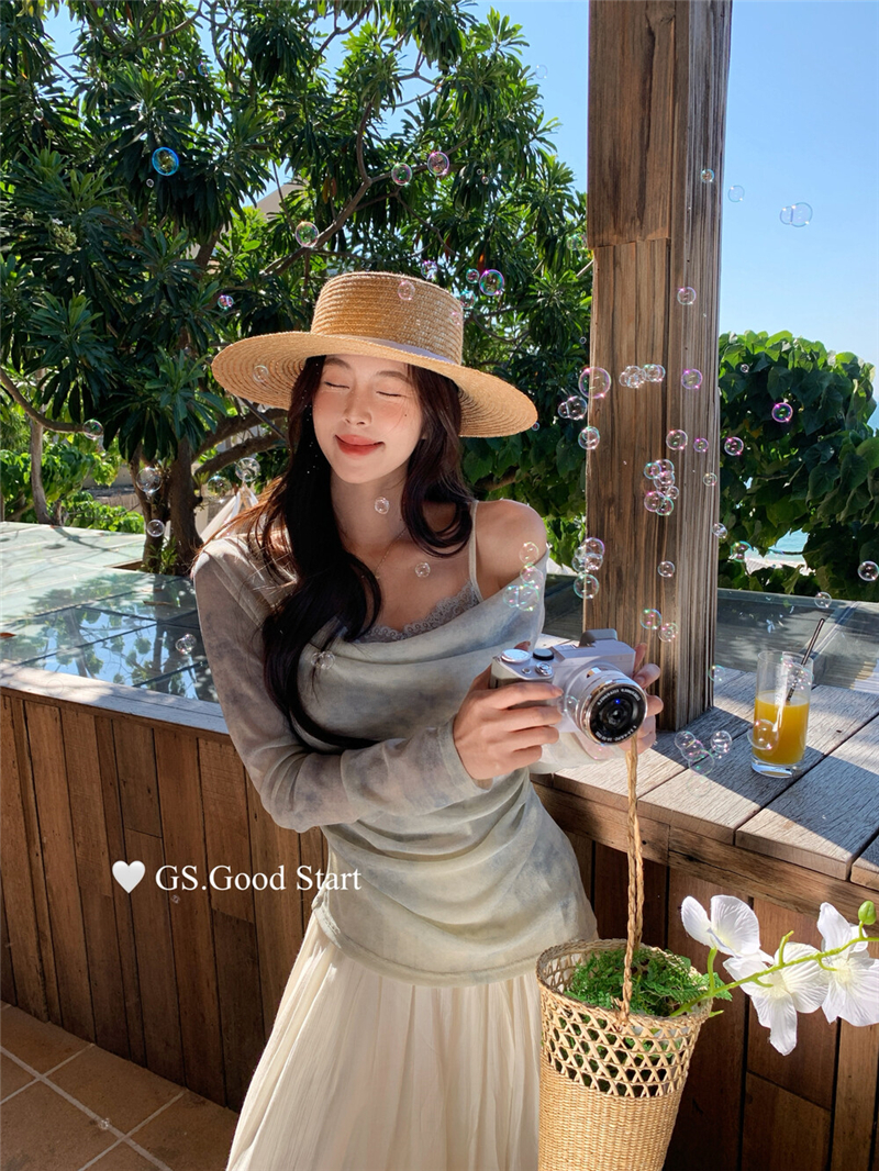봄날 팔레트 이른 봄 맞춤 홀치기 염색 색상 프랑스식 품격 느긋한 바람 흔들다 칼라 페이크 레이어드 긴팔 작은 셔츠