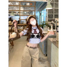 批发麻吉麻吉 爱豆限定 翻领短袖三件套复古上衣春<b class='q'>宽松</b>显瘦长<b class='q'>裤</b> 5件套