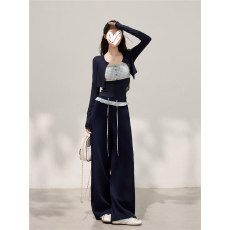 批发谢不肉 格纹拼接吊带背心短<b class='q'>款</b>开衫<b class='q'>女</b>春季休闲长裤套装 三件套