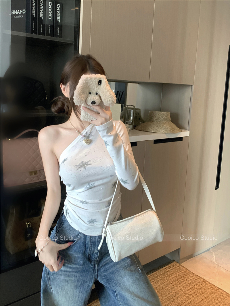 실사 정가 여성 스타 사설 서비스 쉬운 꿈 링 같은 단락 디자인 센스 허리 수축 펌프 Pleat 비스듬한 어깨 t 여성 핫걸 맨위
