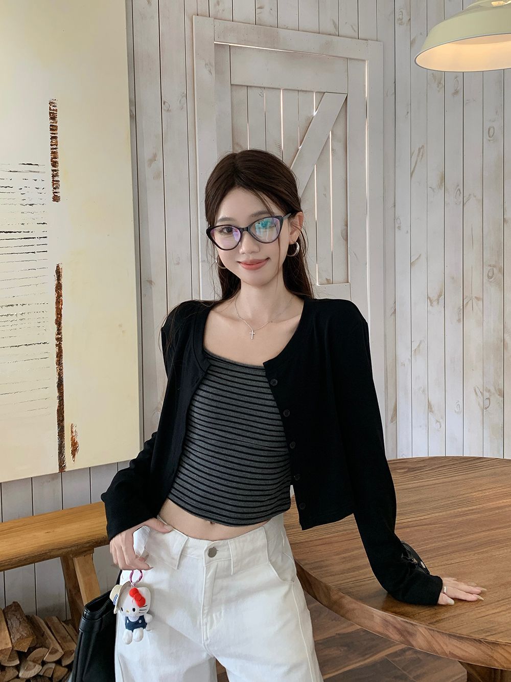 한 부서 디자인 센스 긴팔 오픈 가디건 스트라이프 조끼 슬립 봄 새로운 달콤한 매운맛 패션 세트