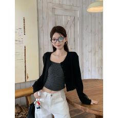 批发韩系设计感长袖开衫条纹背心<b class='q'>吊带</b>春季新款甜辣<b class='q'>时尚</b>套装