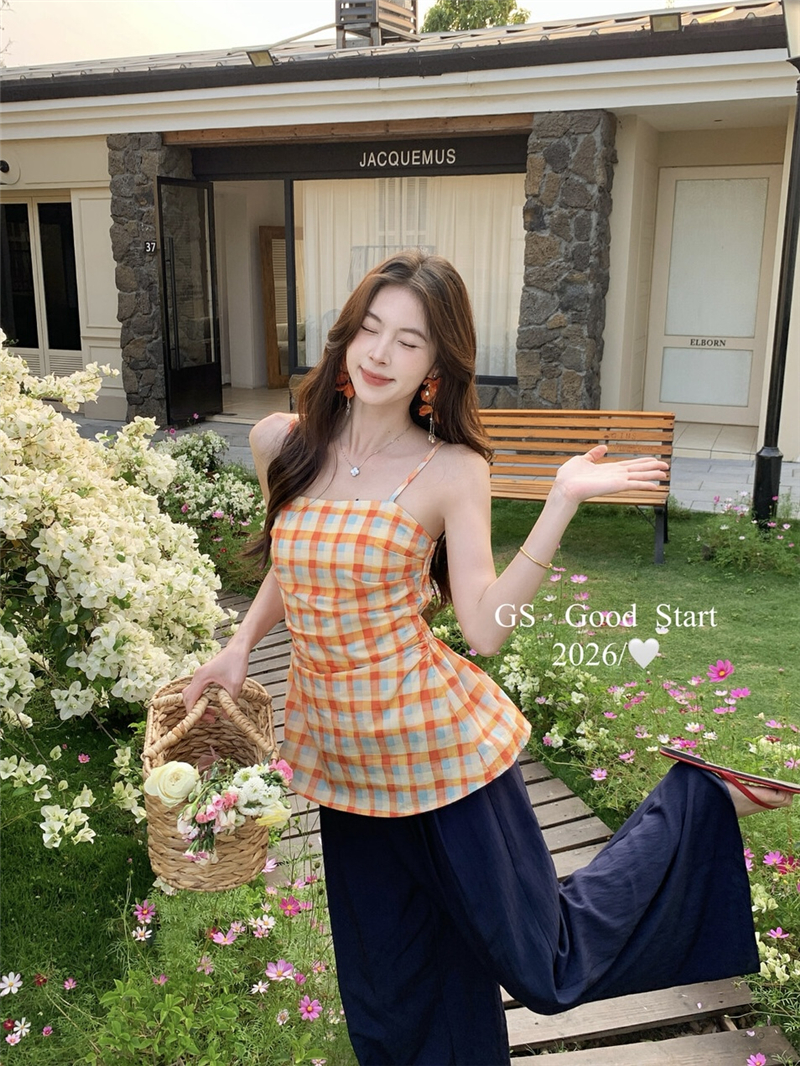 밝은 소녀 군중 속에서 독점적 인 c 조금 디스플레이 화이트 햇빛 주황색 여름 달콤함 배색 체크무늬 허리 수축 슬립 작은 셔츠