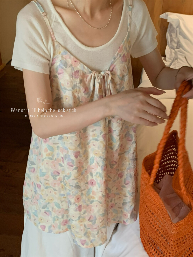 뜨거운 전체 네트워크 착용 가져 가라. 26 여름 켜기 새로운 마 면 바닥 재료 프린트 드레스 꽃무늬 스택 착용 세련된 슬립