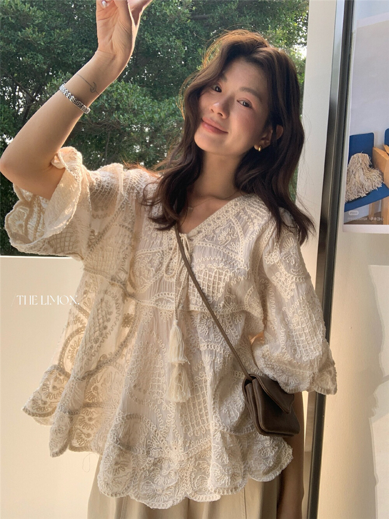 유리 달빛 레몬 녹차 무거운 작업 자수 레이스 V넥 레이스업 작은 셔츠 자외선 차단 맨위 여성