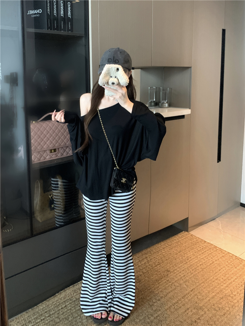 실사 정가 비스듬한 어깨 보트넥 루즈핏 느긋한 티셔츠 스트라이프 굴곡 바지 펌프 로프 부츠컷 긴 바지 투피스 세트