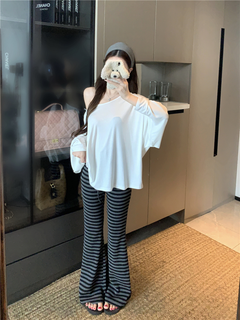 실사 정가 비스듬한 어깨 보트넥 루즈핏 느긋한 티셔츠 스트라이프 굴곡 바지 펌프 로프 부츠컷 긴 바지 투피스 세트