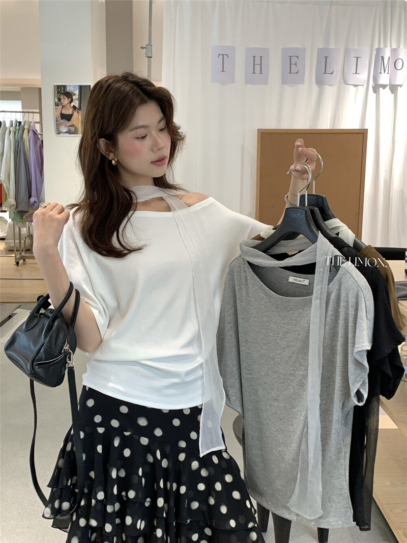 부드럽다 프로 피부 레몬 녹차 비스듬한 어깨 리본 디자인 센스 슬림해 보이는 반팔 티셔츠 리본 아니요 철거