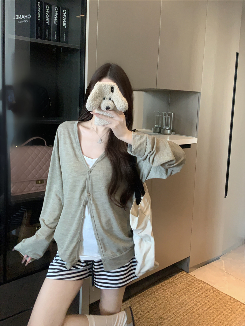 실사 정가 자외선 차단 오픈 가디건 여름 외부 가져 가라. 블라우스 긴팔 에어컨 셔츠 캐미솔 스트라이프 반바지