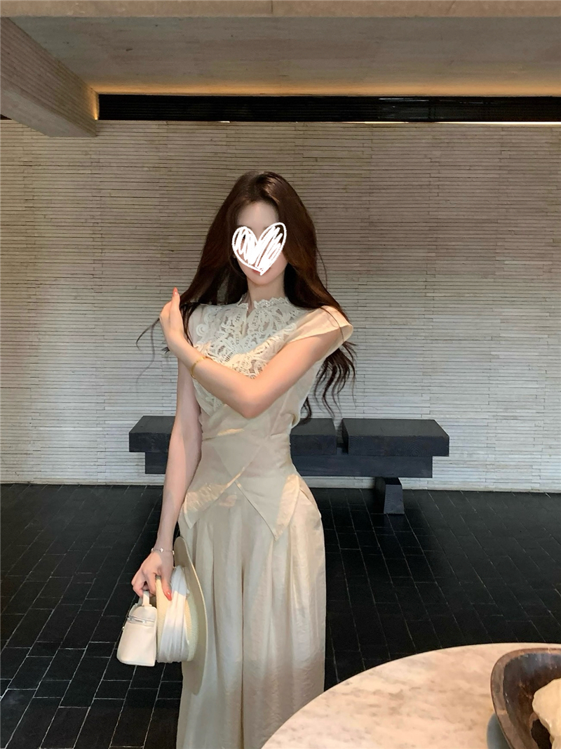 대나무 커튼 서식지 부드러운 디자인 센스 레이스 조각 마이크로 ~을 통해 레이스업 맨위 주간 실크 와이드 레그 팬츠 세트 투피스 세트