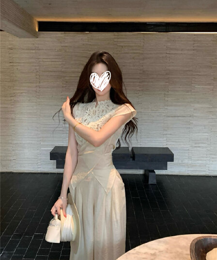 대나무 커튼 서식지 부드러운 디자인 센스 레이스 조각 마이크로 ~을 통해 레이스업 맨위 주간 실크 와이드 레그 팬츠 세트 투피스 세트