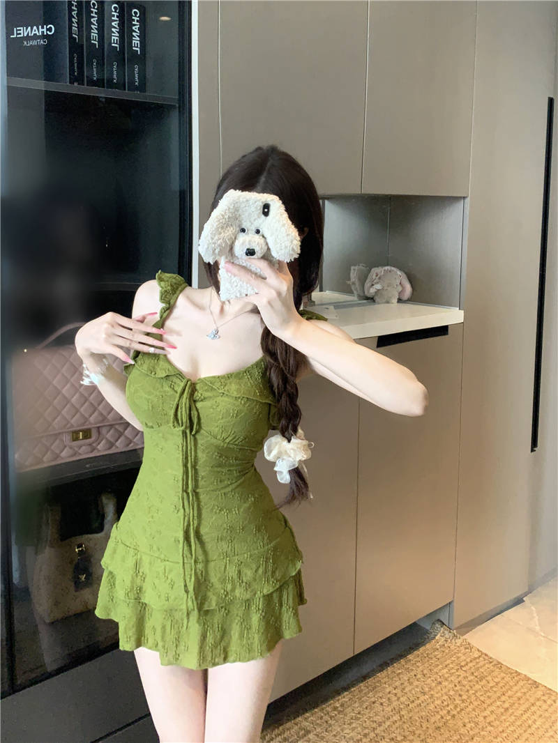 실사 정가 닦아내 라. 차 숲 프릴 슬립 레이스 안전 바지 드레스 여름 A라인 스커트 투피스 세트