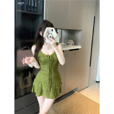 批发抹茶森林木耳边吊带<b class='q'>蕾丝</b><b class='q'>安全</b><b class='q'>裤</b>连衣裙夏季a字裙 两件套