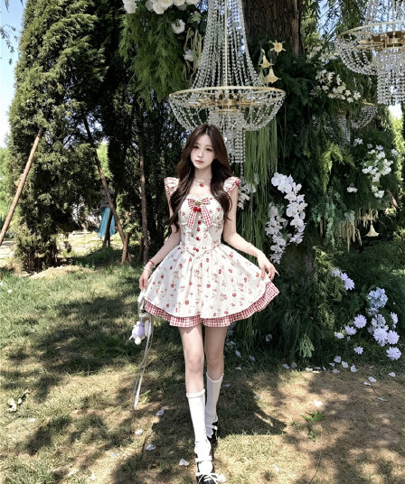 실사 정가 딸기 라스베리 라스베리 달콤한 스타일 프린트 허리 수축 3 차원 나비 매듭 순수한 욕망 드레스 공주 드레스