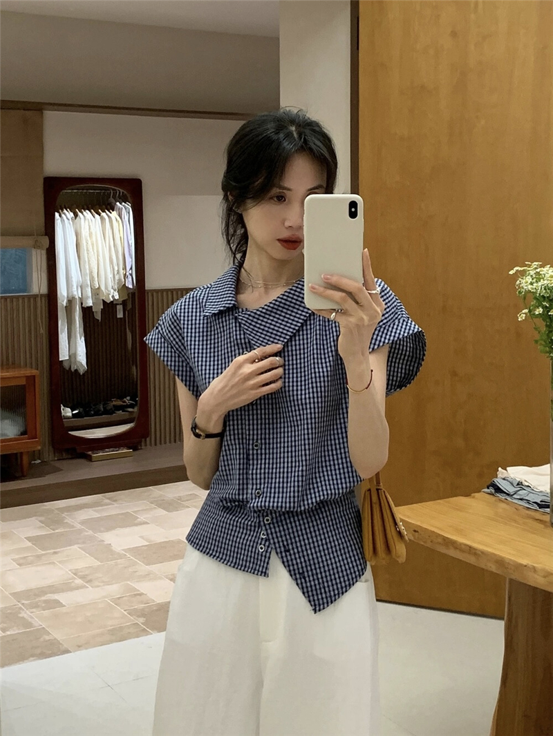 26 여름 켜기 새로운 프랑스식 불규칙 비스듬한 칼라 디자인 센스 슬림해 보이는 셔츠 작은 셔츠
