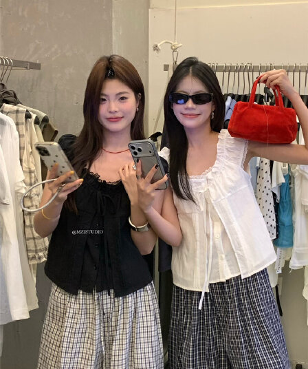 26 년 여름 켜기 새로운 소금 부서 끓인 물 한 조정 빛 레이스 페이크 레이어드 레이스업 달콤함 소녀 센스 작은 셔츠