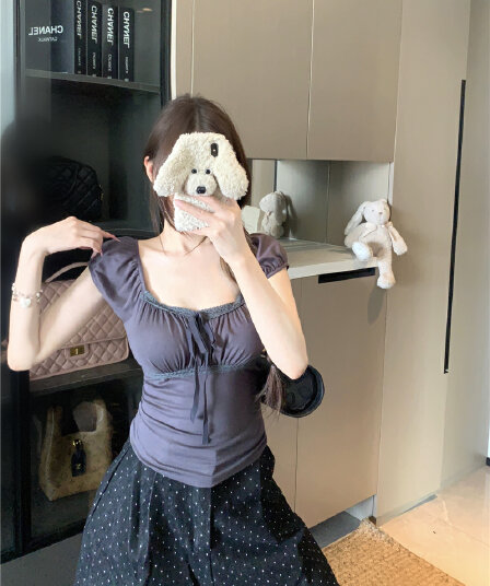 실사 정가 여름 한 부서 티셔츠 부드러운 달콤한 자매 디자인 센스 작은 대중 광장 칼라 레이스업 레이스 레이스 맨위
